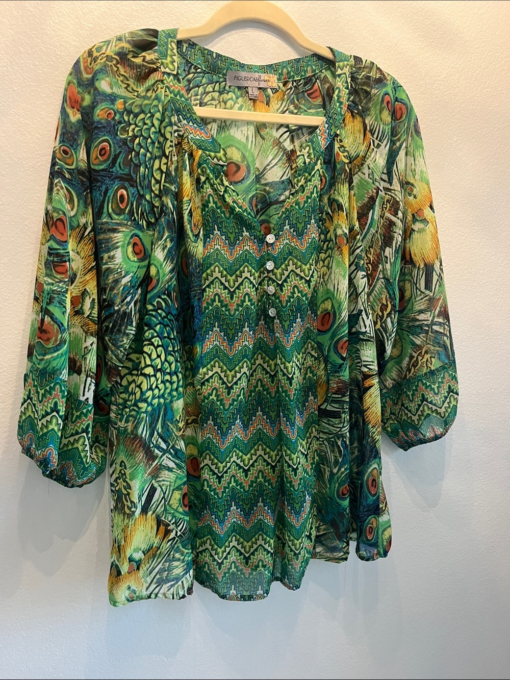 Green Peacock-Print Tunic Top
